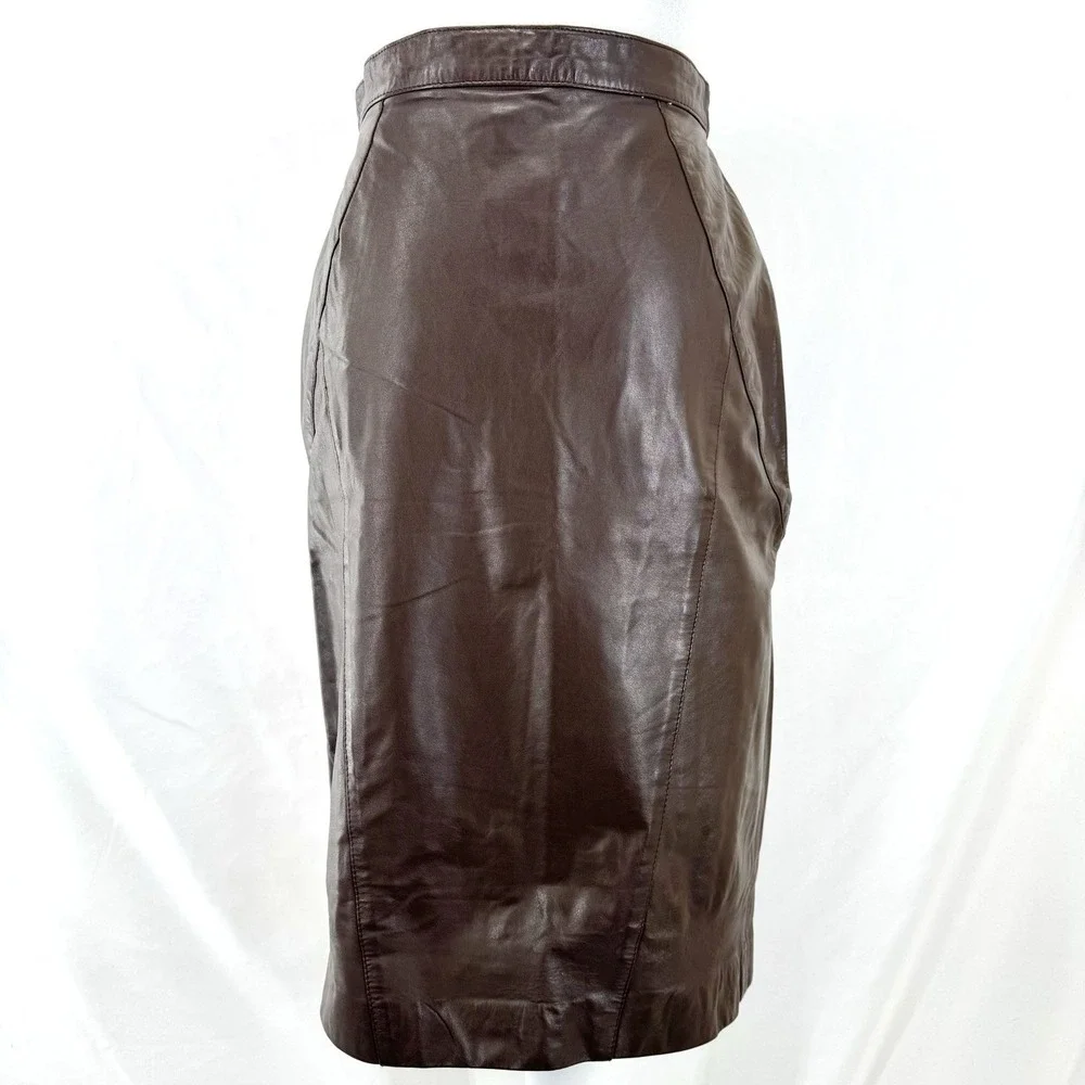 Vtg 90s Minimalist Brown Leather Pencil Skirt XS Office Career Corporate Chic